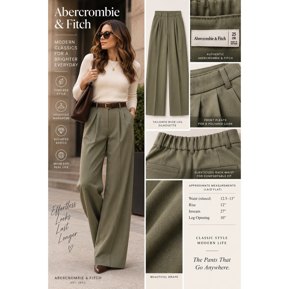 Abercrombie & Fitch Womens 25 0R Olive Green Pleated Wide Leg High Rise Pants